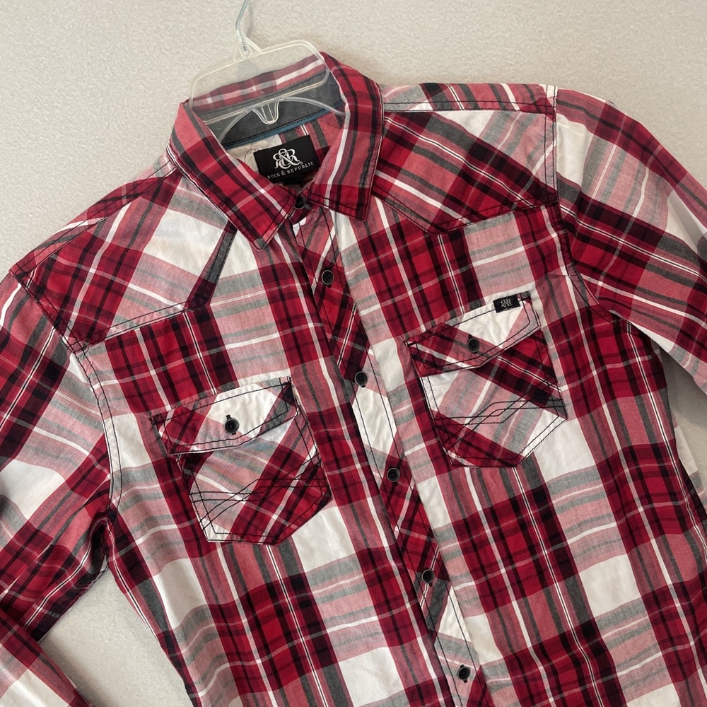Rock & Republic Western Shirt Mens MEDIUM Red/Black Plaid Button Up Roll Tab EUC